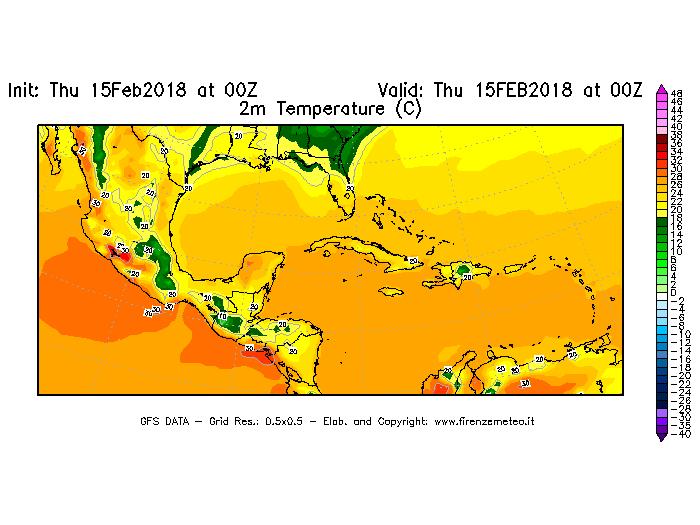 Mappa di analisi GFS - Temperatura a 2 metri dal suolo [°C] in Centro-America
							del 15/02/2018 00 <!--googleoff: index-->UTC<!--googleon: index-->