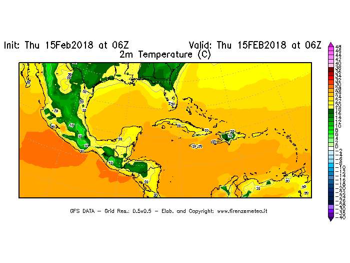 Mappa di analisi GFS - Temperatura a 2 metri dal suolo [°C] in Centro-America
							del 15/02/2018 06 <!--googleoff: index-->UTC<!--googleon: index-->