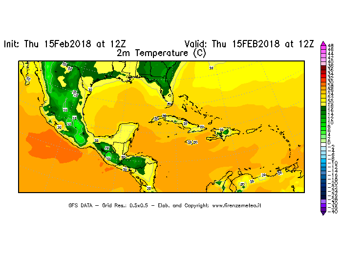 Mappa di analisi GFS - Temperatura a 2 metri dal suolo [°C] in Centro-America
									del 15/02/2018 12 <!--googleoff: index-->UTC<!--googleon: index-->