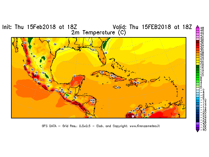 Mappa di analisi GFS - Temperatura a 2 metri dal suolo [°C] in Centro-America
									del 15/02/2018 18 <!--googleoff: index-->UTC<!--googleon: index-->