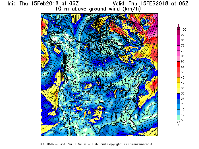 Mappa di analisi GFS - Velocità del vento a 10 metri dal suolo [km/h] in Nord-America
									del 15/02/2018 06 <!--googleoff: index-->UTC<!--googleon: index-->