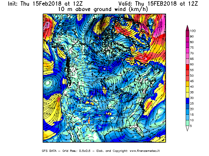 Mappa di analisi GFS - Velocità del vento a 10 metri dal suolo [km/h] in Nord-America
									del 15/02/2018 12 <!--googleoff: index-->UTC<!--googleon: index-->