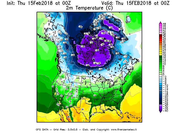 Mappa di analisi GFS - Temperatura a 2 metri dal suolo [°C] in Nord-America
									del 15/02/2018 00 <!--googleoff: index-->UTC<!--googleon: index-->