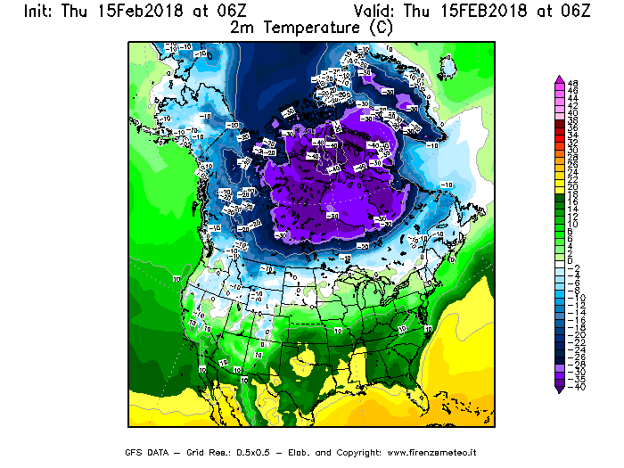 Mappa di analisi GFS - Temperatura a 2 metri dal suolo [°C] in Nord-America
							del 15/02/2018 06 <!--googleoff: index-->UTC<!--googleon: index-->