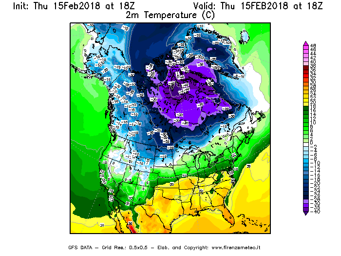 Mappa di analisi GFS - Temperatura a 2 metri dal suolo [°C] in Nord-America
							del 15/02/2018 18 <!--googleoff: index-->UTC<!--googleon: index-->