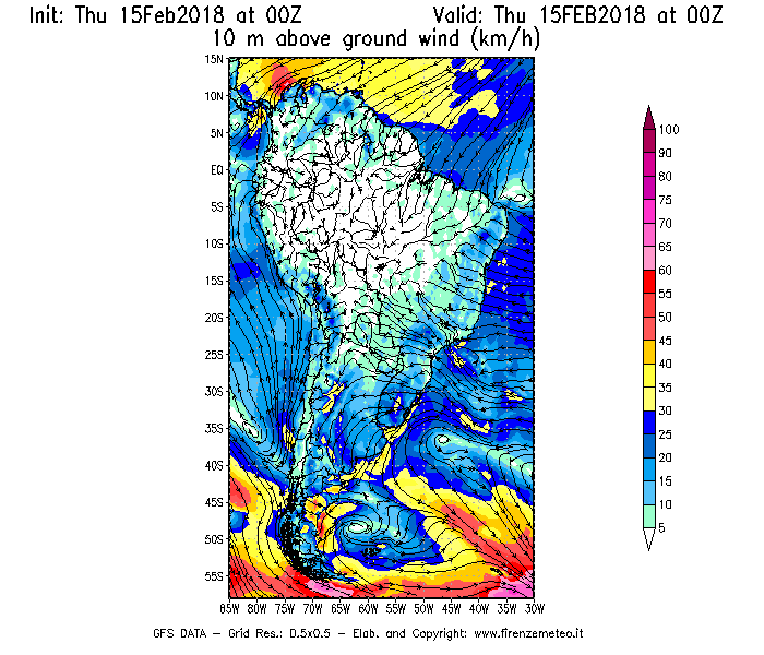 Mappa di analisi GFS - Velocità del vento a 10 metri dal suolo [km/h] in Sud-America
									del 15/02/2018 00 <!--googleoff: index-->UTC<!--googleon: index-->