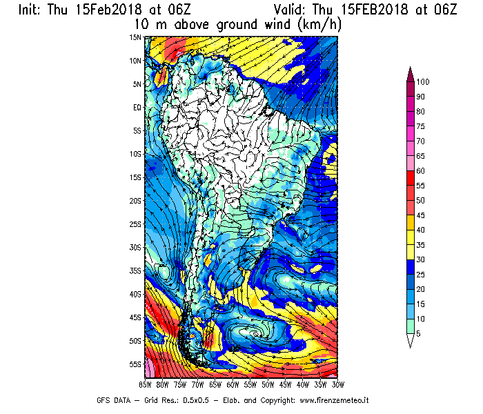 Mappa di analisi GFS - Velocità del vento a 10 metri dal suolo [km/h] in Sud-America
							del 15/02/2018 06 <!--googleoff: index-->UTC<!--googleon: index-->