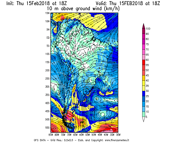 Mappa di analisi GFS - Velocità del vento a 10 metri dal suolo [km/h] in Sud-America
							del 15/02/2018 18 <!--googleoff: index-->UTC<!--googleon: index-->
