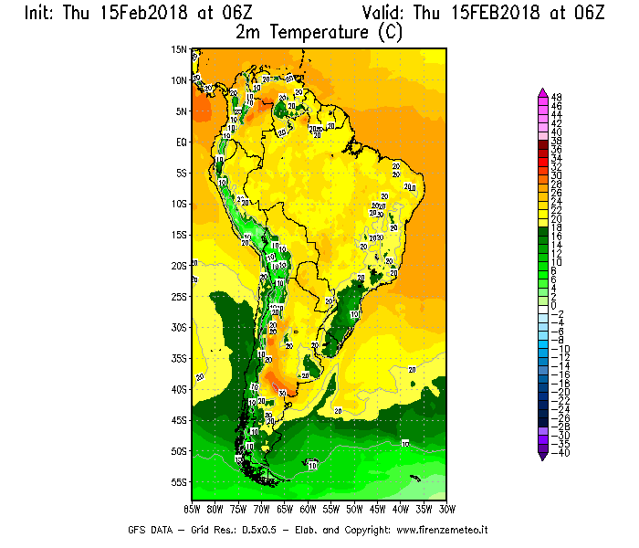 Mappa di analisi GFS - Temperatura a 2 metri dal suolo [°C] in Sud-America
							del 15/02/2018 06 <!--googleoff: index-->UTC<!--googleon: index-->