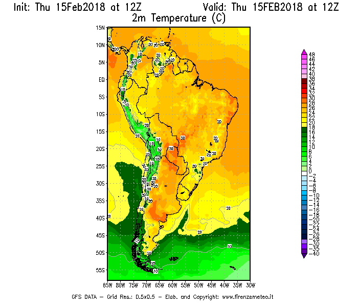 Mappa di analisi GFS - Temperatura a 2 metri dal suolo [°C] in Sud-America
									del 15/02/2018 12 <!--googleoff: index-->UTC<!--googleon: index-->