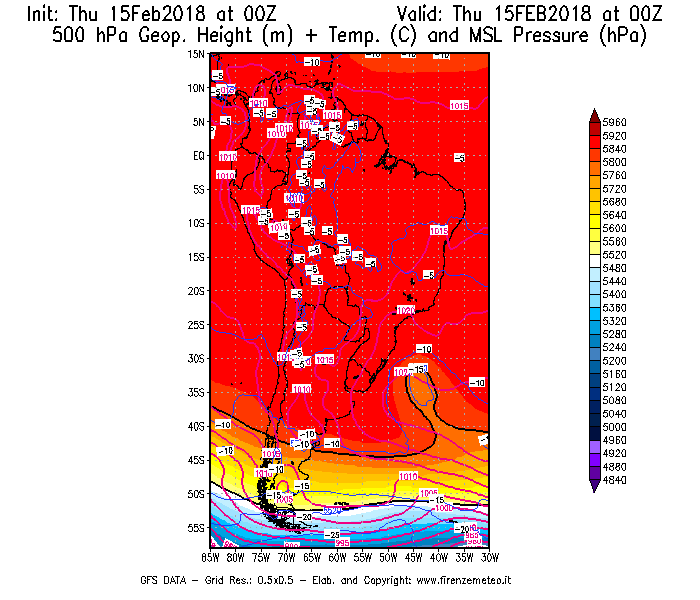 Mappa di analisi GFS - Geopotenziale [m] + Temp. [°C] a 500 hPa + Press. a livello del mare [hPa] in Sud-America
									del 15/02/2018 00 <!--googleoff: index-->UTC<!--googleon: index-->