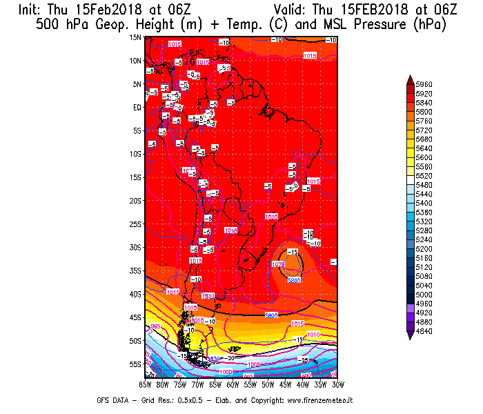 Mappa di analisi GFS - Geopotenziale [m] + Temp. [°C] a 500 hPa + Press. a livello del mare [hPa] in Sud-America
									del 15/02/2018 06 <!--googleoff: index-->UTC<!--googleon: index-->