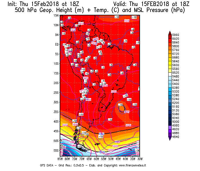 Mappa di analisi GFS - Geopotenziale [m] + Temp. [°C] a 500 hPa + Press. a livello del mare [hPa] in Sud-America
							del 15/02/2018 18 <!--googleoff: index-->UTC<!--googleon: index-->