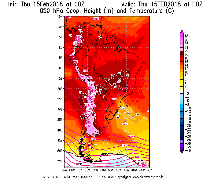 Mappa di analisi GFS - Geopotenziale [m] e Temperatura [°C] a 850 hPa in Sud-America
									del 15/02/2018 00 <!--googleoff: index-->UTC<!--googleon: index-->