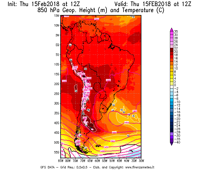 Mappa di analisi GFS - Geopotenziale [m] e Temperatura [°C] a 850 hPa in Sud-America
							del 15/02/2018 12 <!--googleoff: index-->UTC<!--googleon: index-->