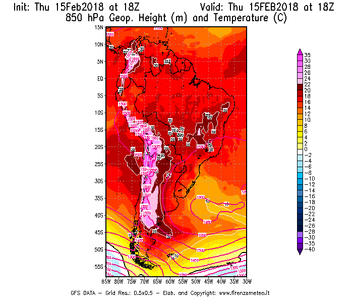 Mappa di analisi GFS - Geopotenziale [m] e Temperatura [°C] a 850 hPa in Sud-America
							del 15/02/2018 18 <!--googleoff: index-->UTC<!--googleon: index-->