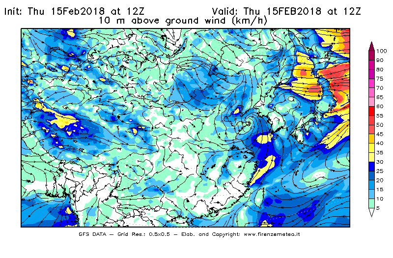 Mappa di analisi GFS - Velocità del vento a 10 metri dal suolo [km/h] in Asia Orientale
									del 15/02/2018 12 <!--googleoff: index-->UTC<!--googleon: index-->