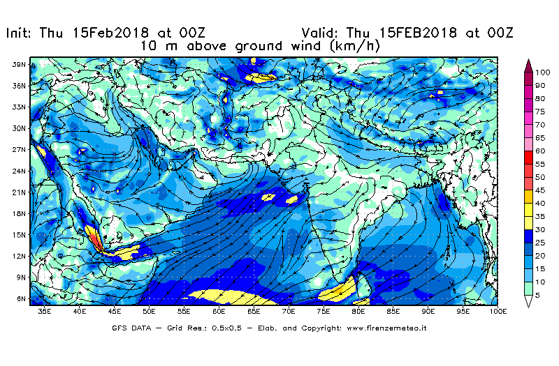 Mappa di analisi GFS - Velocità del vento a 10 metri dal suolo [km/h] in Asia Sud-Occidentale
							del 15/02/2018 00 <!--googleoff: index-->UTC<!--googleon: index-->