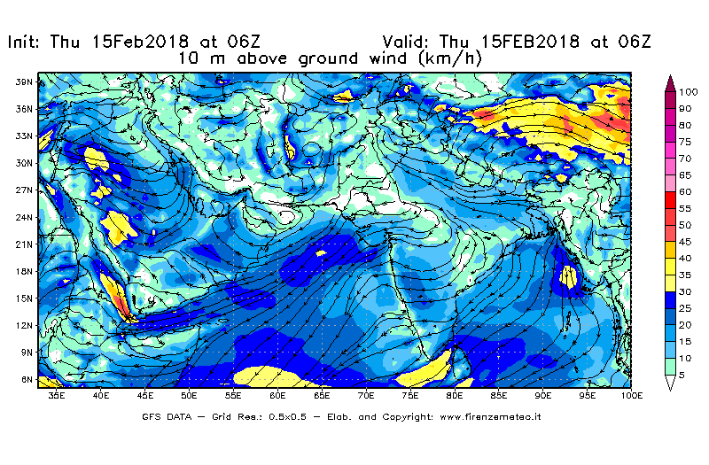 Mappa di analisi GFS - Velocità del vento a 10 metri dal suolo [km/h] in Asia Sud-Occidentale
									del 15/02/2018 06 <!--googleoff: index-->UTC<!--googleon: index-->
