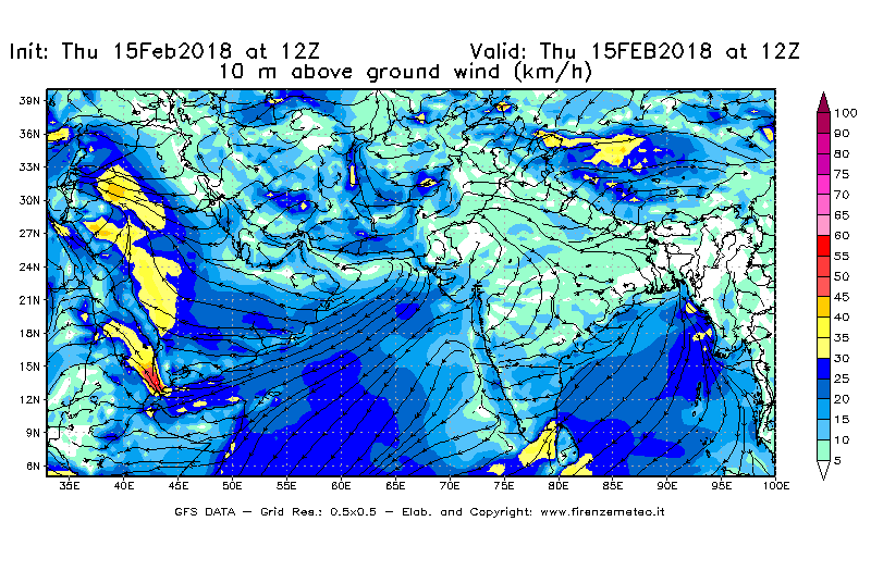 Mappa di analisi GFS - Velocità del vento a 10 metri dal suolo [km/h] in Asia Sud-Occidentale
									del 15/02/2018 12 <!--googleoff: index-->UTC<!--googleon: index-->