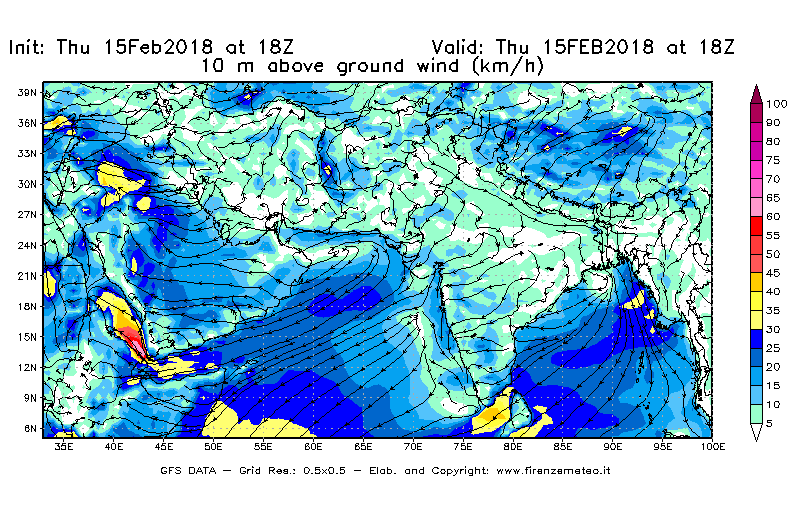 Mappa di analisi GFS - Velocità del vento a 10 metri dal suolo [km/h] in Asia Sud-Occidentale
							del 15/02/2018 18 <!--googleoff: index-->UTC<!--googleon: index-->