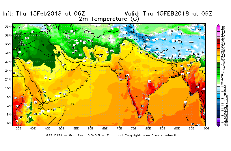Mappa di analisi GFS - Temperatura a 2 metri dal suolo [°C] in Asia Sud-Occidentale
									del 15/02/2018 06 <!--googleoff: index-->UTC<!--googleon: index-->