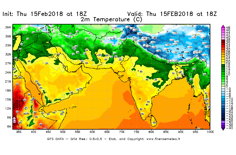 Mappa di analisi GFS - Temperatura a 2 metri dal suolo [°C] in Asia Sud-Occidentale
									del 15/02/2018 18 <!--googleoff: index-->UTC<!--googleon: index-->
