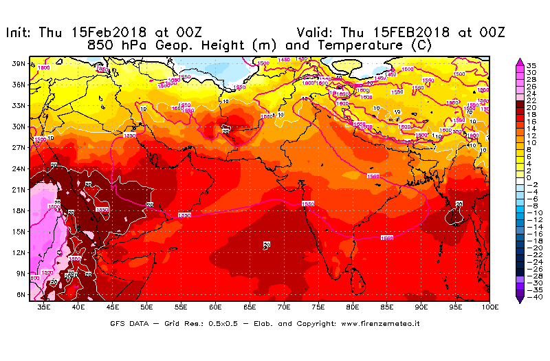 Mappa di analisi GFS - Geopotenziale [m] e Temperatura [°C] a 850 hPa in Asia Sud-Occidentale
									del 15/02/2018 00 <!--googleoff: index-->UTC<!--googleon: index-->
