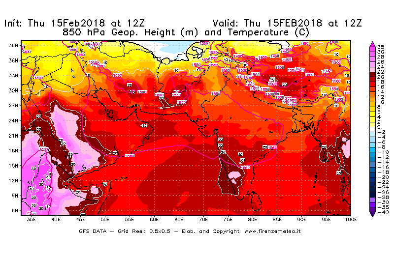 Mappa di analisi GFS - Geopotenziale [m] e Temperatura [°C] a 850 hPa in Asia Sud-Occidentale
									del 15/02/2018 12 <!--googleoff: index-->UTC<!--googleon: index-->