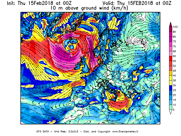 Mappa di analisi GFS - Velocità del vento a 10 metri dal suolo [km/h] in Europa
							del 15/02/2018 00 <!--googleoff: index-->UTC<!--googleon: index-->