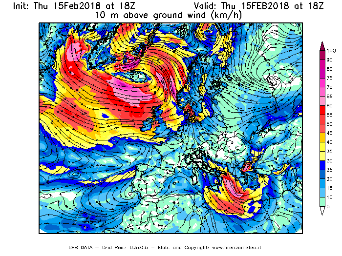 Mappa di analisi GFS - Velocità del vento a 10 metri dal suolo [km/h] in Europa
									del 15/02/2018 18 <!--googleoff: index-->UTC<!--googleon: index-->