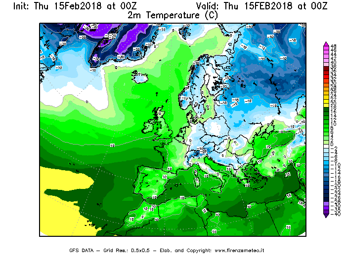 Mappa di analisi GFS - Temperatura a 2 metri dal suolo [°C] in Europa
									del 15/02/2018 00 <!--googleoff: index-->UTC<!--googleon: index-->