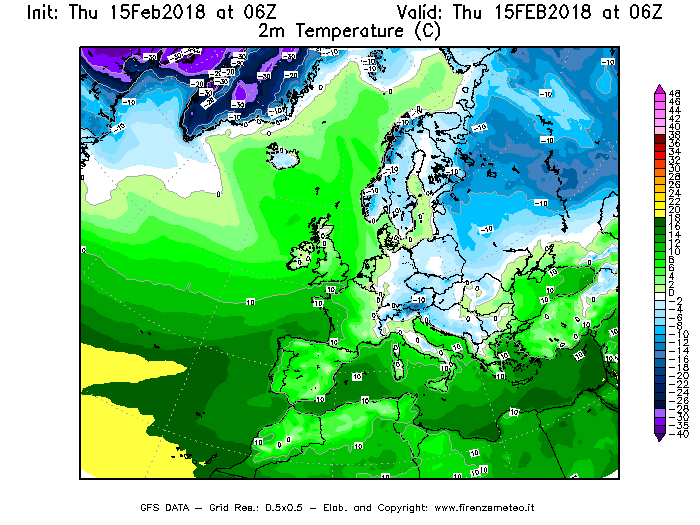 Mappa di analisi GFS - Temperatura a 2 metri dal suolo [°C] in Europa
									del 15/02/2018 06 <!--googleoff: index-->UTC<!--googleon: index-->