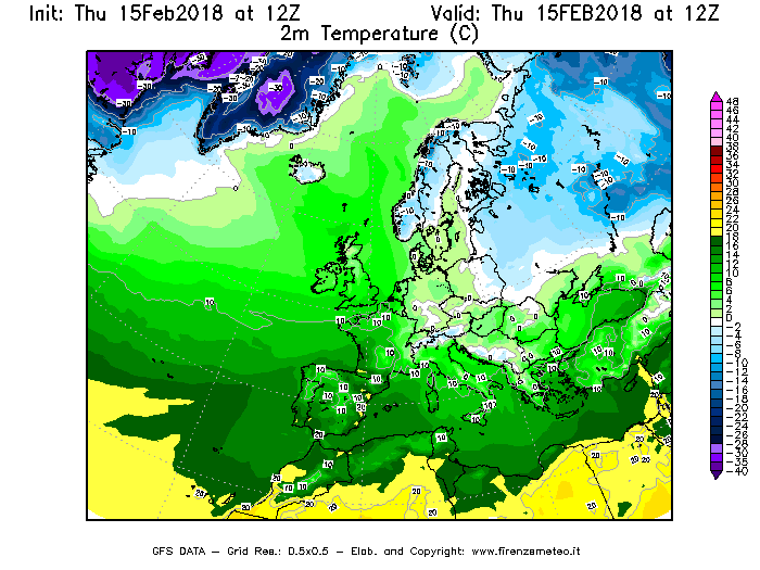 Mappa di analisi GFS - Temperatura a 2 metri dal suolo [°C] in Europa
									del 15/02/2018 12 <!--googleoff: index-->UTC<!--googleon: index-->