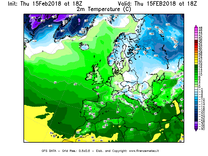 Mappa di analisi GFS - Temperatura a 2 metri dal suolo [°C] in Europa
									del 15/02/2018 18 <!--googleoff: index-->UTC<!--googleon: index-->