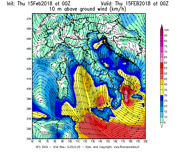 Mappa di analisi GFS - Velocità del vento a 10 metri dal suolo [km/h] in Italia
									del 15/02/2018 00 <!--googleoff: index-->UTC<!--googleon: index-->