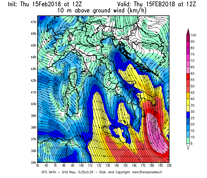 Mappa di analisi GFS - Velocità del vento a 10 metri dal suolo [km/h] in Italia
									del 15/02/2018 12 <!--googleoff: index-->UTC<!--googleon: index-->