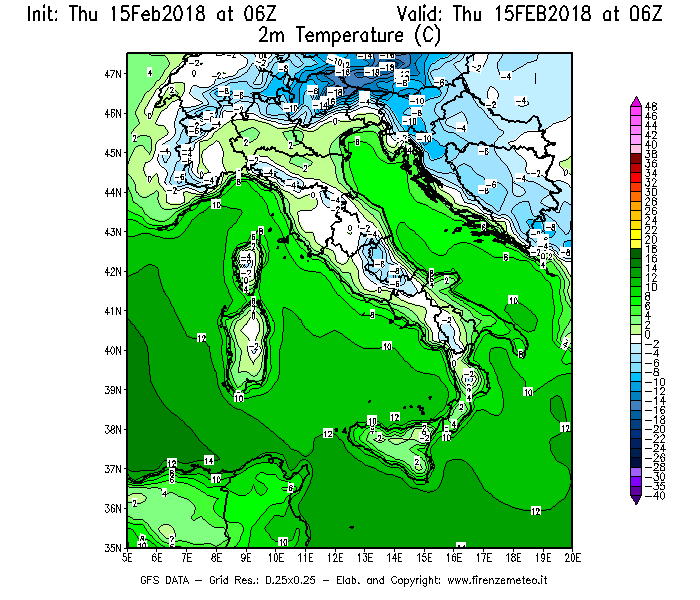 Mappa di analisi GFS - Temperatura a 2 metri dal suolo [°C] in Italia
							del 15/02/2018 06 <!--googleoff: index-->UTC<!--googleon: index-->