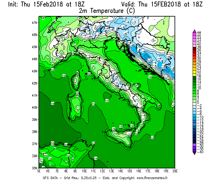 Mappa di analisi GFS - Temperatura a 2 metri dal suolo [°C] in Italia
							del 15/02/2018 18 <!--googleoff: index-->UTC<!--googleon: index-->