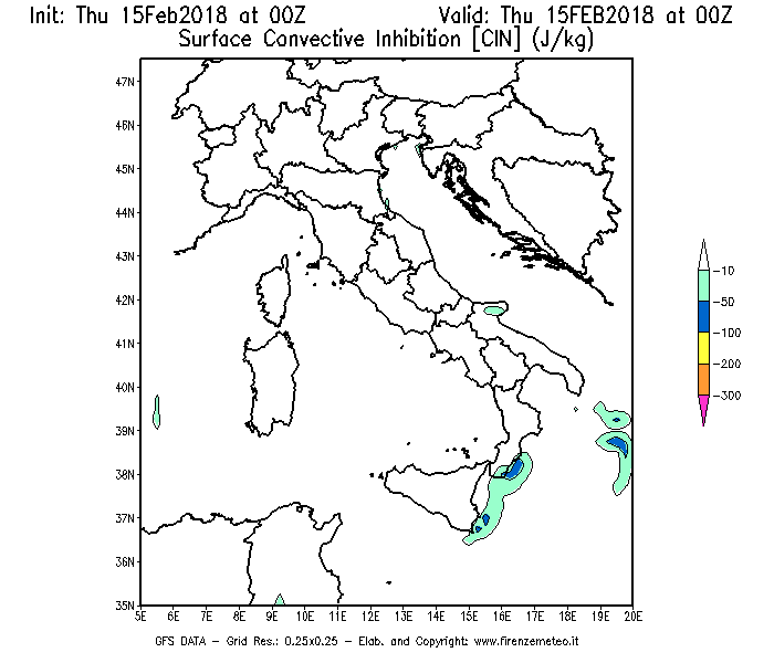 Mappa di analisi GFS - CIN [J/kg] in Italia
									del 15/02/2018 00 <!--googleoff: index-->UTC<!--googleon: index-->