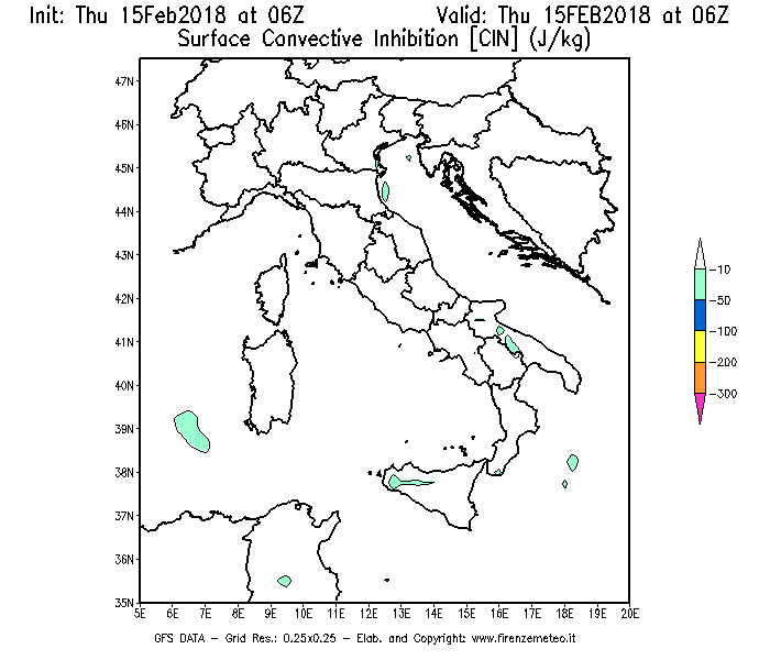 Mappa di analisi GFS - CIN [J/kg] in Italia
									del 15/02/2018 06 <!--googleoff: index-->UTC<!--googleon: index-->