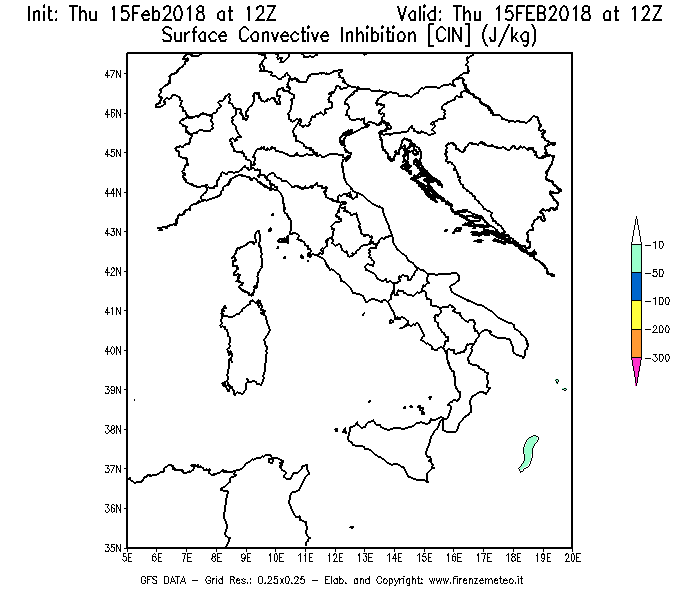 Mappa di analisi GFS - CIN [J/kg] in Italia
									del 15/02/2018 12 <!--googleoff: index-->UTC<!--googleon: index-->