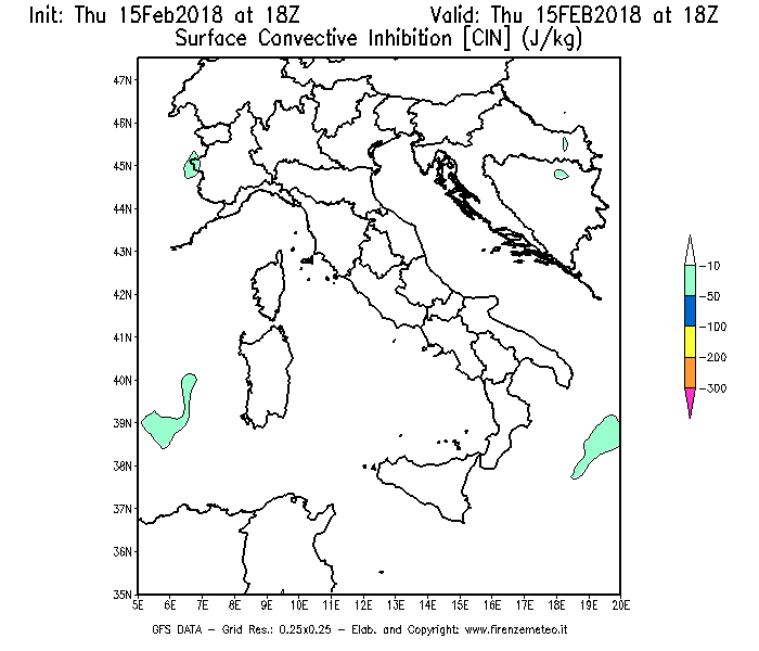 Mappa di analisi GFS - CIN [J/kg] in Italia
							del 15/02/2018 18 <!--googleoff: index-->UTC<!--googleon: index-->