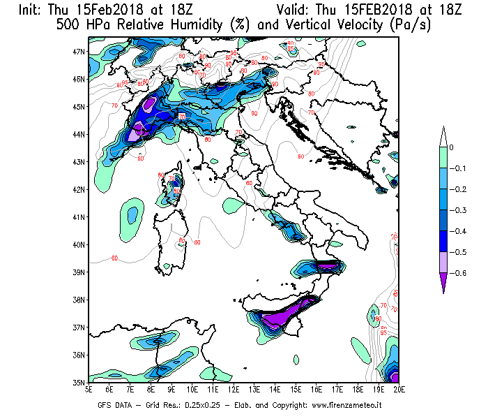 Mappa di analisi GFS - Umidità relativa [%] e Omega [Pa/s] a 500 hPa in Italia
									del 15/02/2018 18 <!--googleoff: index-->UTC<!--googleon: index-->