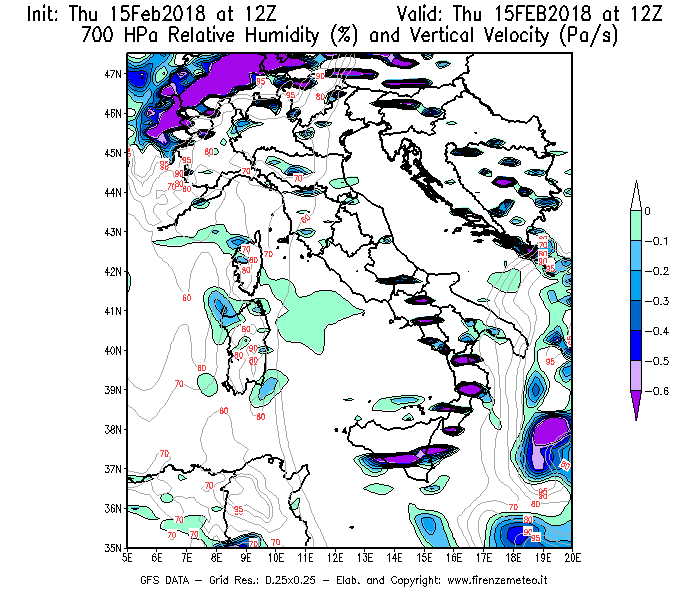 Mappa di analisi GFS - Umidità relativa [%] e Omega [Pa/s] a 700 hPa in Italia
							del 15/02/2018 12 <!--googleoff: index-->UTC<!--googleon: index-->