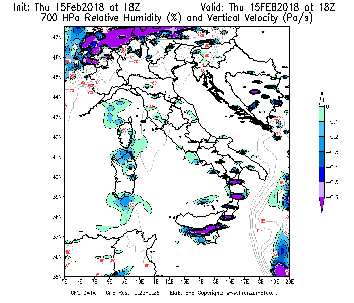 Mappa di analisi GFS - Umidità relativa [%] e Omega [Pa/s] a 700 hPa in Italia
									del 15/02/2018 18 <!--googleoff: index-->UTC<!--googleon: index-->