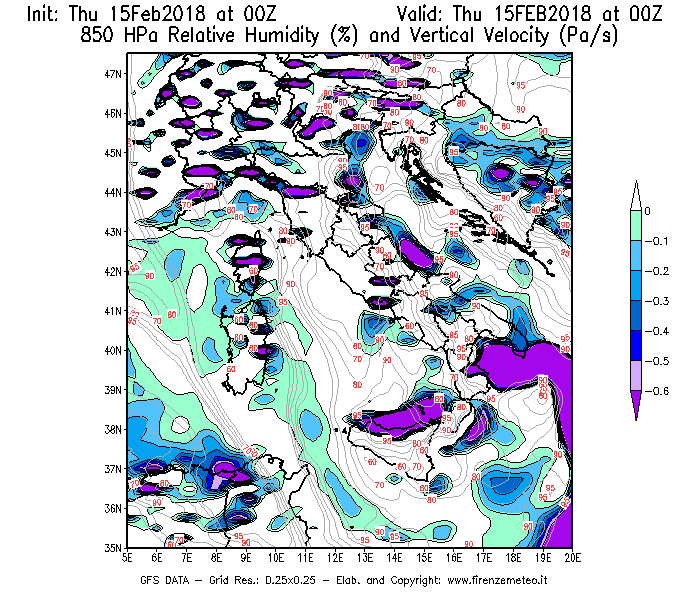 Mappa di analisi GFS - Umidità relativa [%] e Omega [Pa/s] a 850 hPa in Italia
									del 15/02/2018 00 <!--googleoff: index-->UTC<!--googleon: index-->