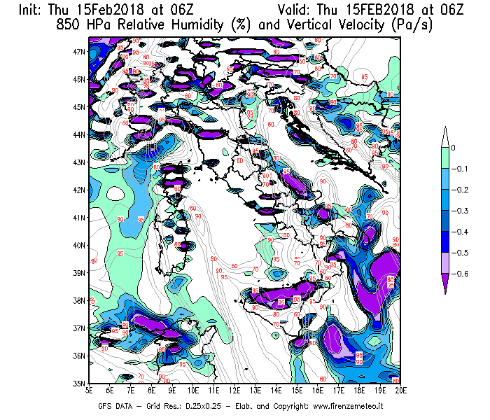 Mappa di analisi GFS - Umidità relativa [%] e Omega [Pa/s] a 850 hPa in Italia
							del 15/02/2018 06 <!--googleoff: index-->UTC<!--googleon: index-->