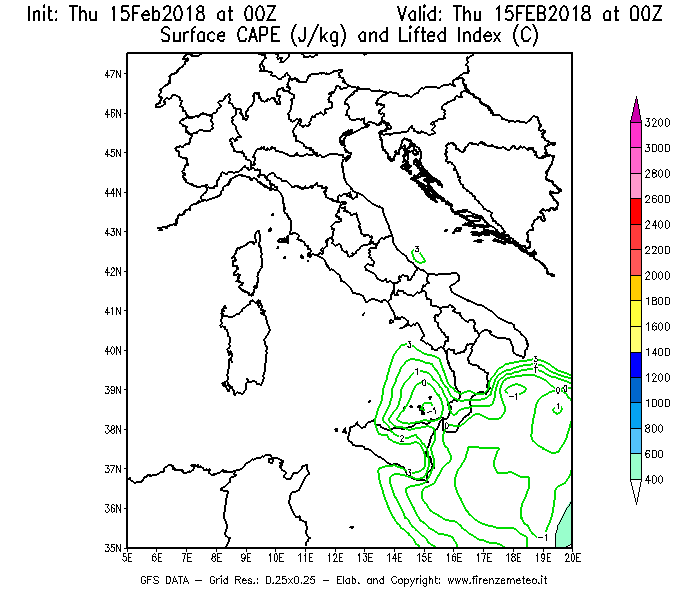 Mappa di analisi GFS - CAPE [J/kg] e Lifted Index [°C] in Italia
									del 15/02/2018 00 <!--googleoff: index-->UTC<!--googleon: index-->