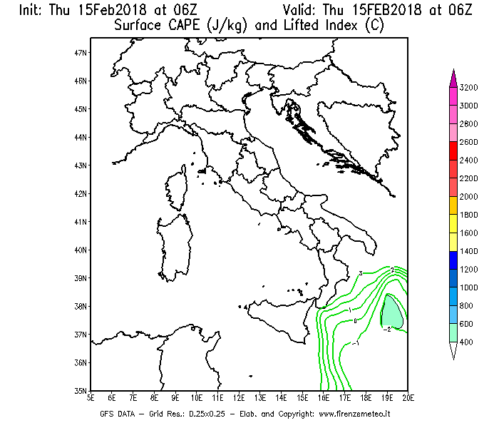 Mappa di analisi GFS - CAPE [J/kg] e Lifted Index [°C] in Italia
									del 15/02/2018 06 <!--googleoff: index-->UTC<!--googleon: index-->